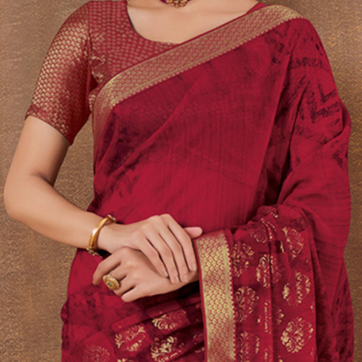 Amazing Magenta Pink Colored Festive Wear Foil Printed Georgette Saree - Peachmode