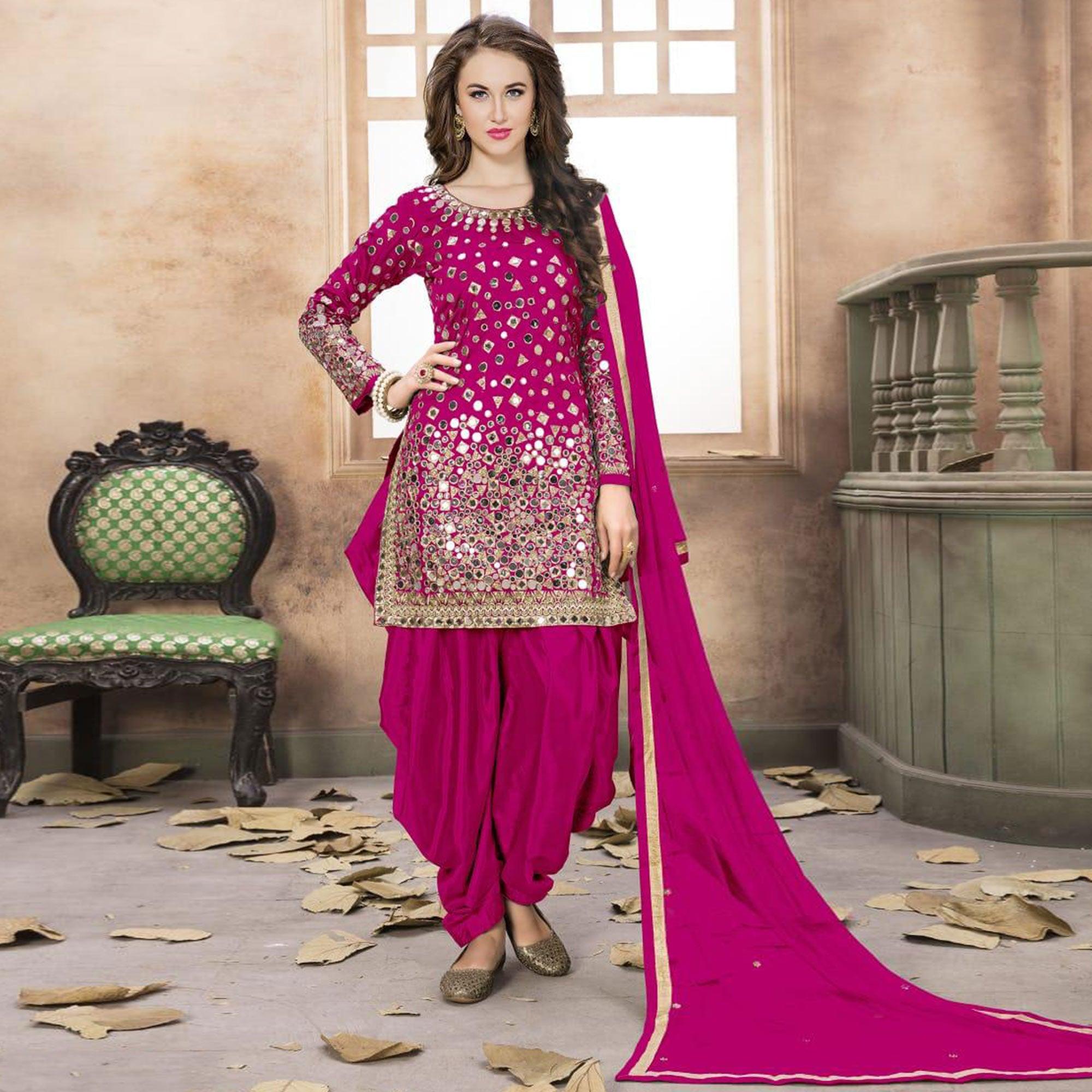 Amazing Magenta Pink Colored Partywear Embroidered Tapeta Silk Patiala Suit - Peachmode