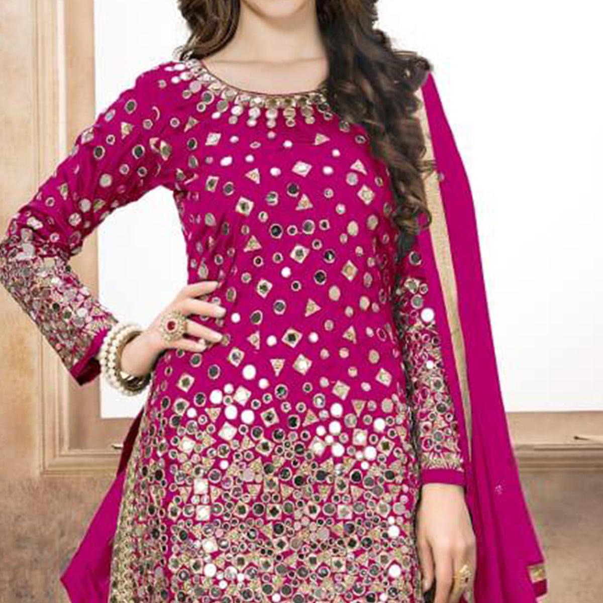Amazing Magenta Pink Colored Partywear Embroidered Tapeta Silk Patiala Suit - Peachmode