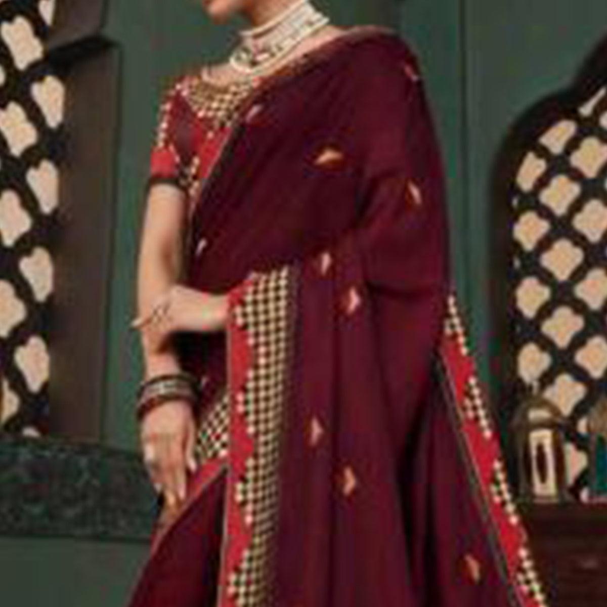 Amazing Maroon Colored Festive Wear Embroidered Heavy Border Silk Saree - Peachmode
