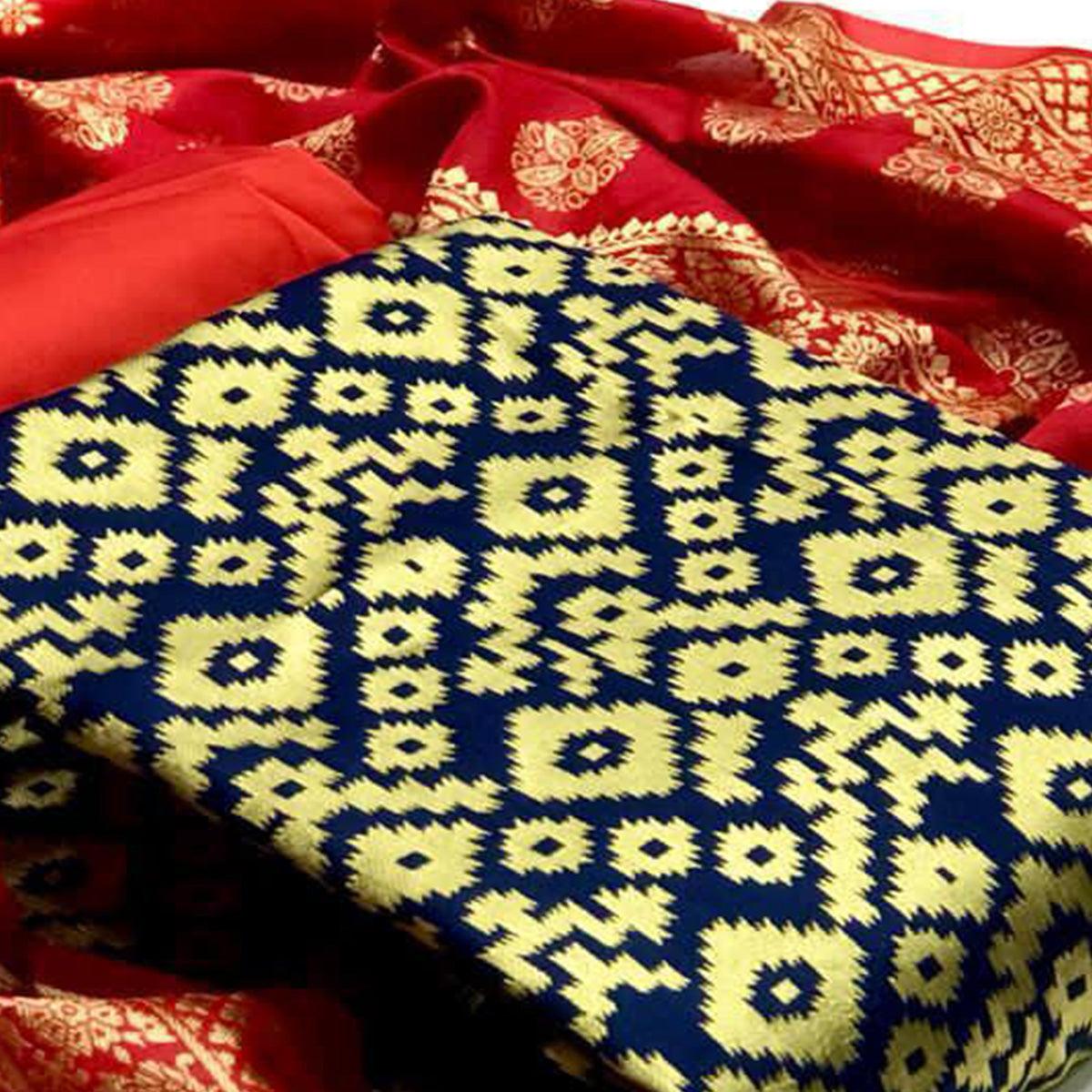 Amazing Navy Blue Colored Casual Wear Banarasi Silk Dress Material - Peachmode