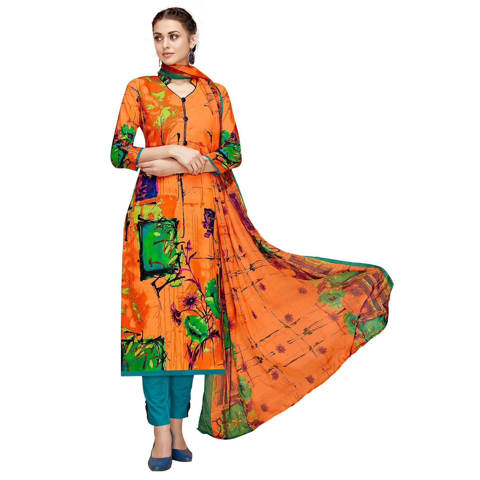 Amazing Orange Colored Casual Printed Cotton Dress Material - Peachmode