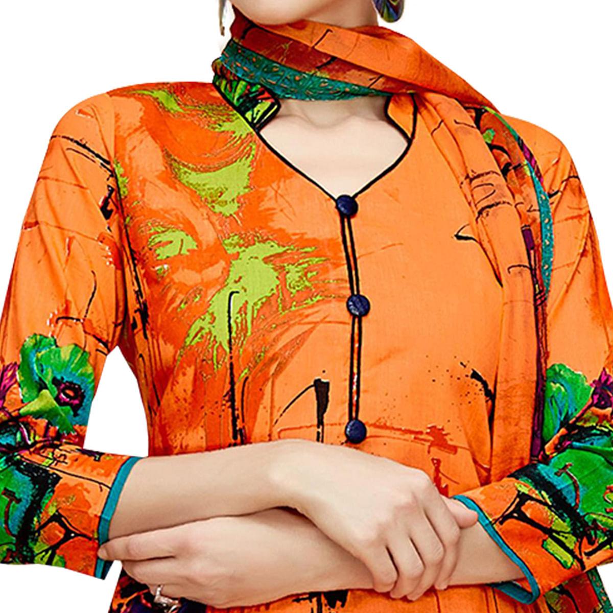 Amazing Orange Colored Casual Printed Cotton Dress Material - Peachmode