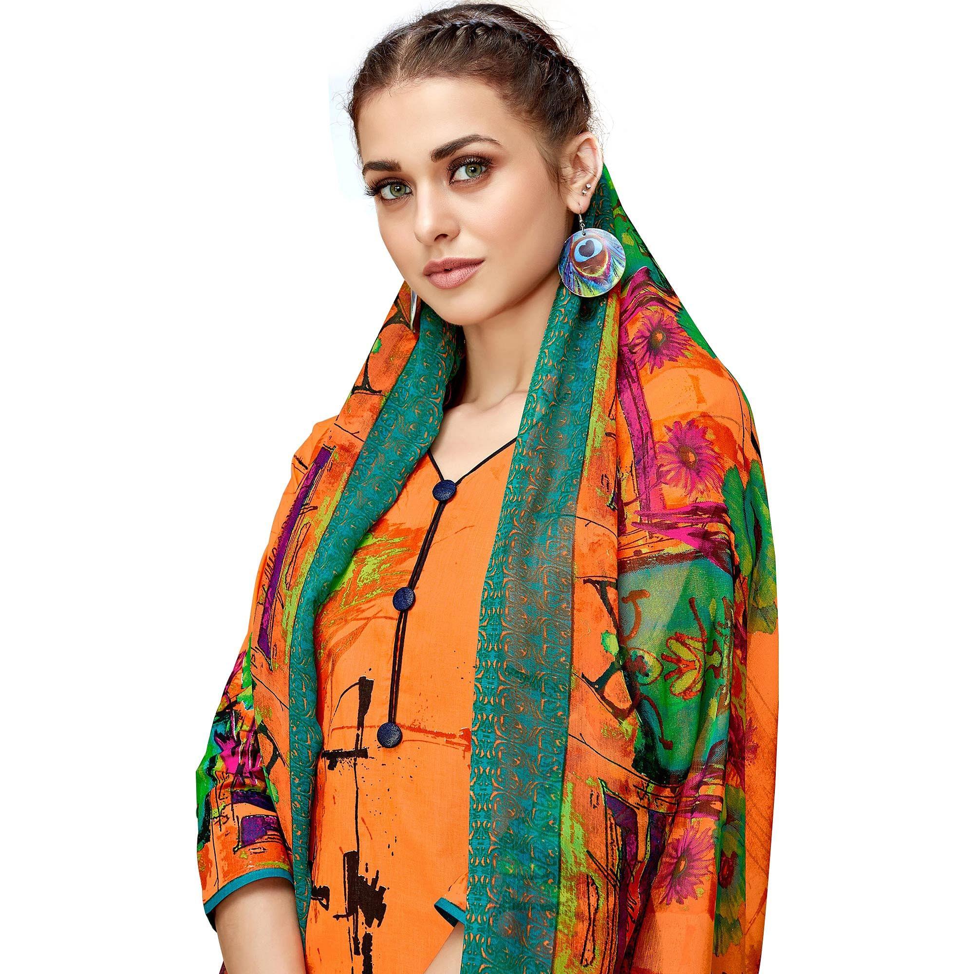 Amazing Orange Colored Casual Printed Cotton Dress Material - Peachmode