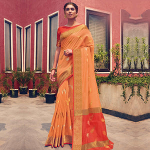 Amazing Orange Colored Festive Wear Woven Cotton Handloom Saree - Peachmode