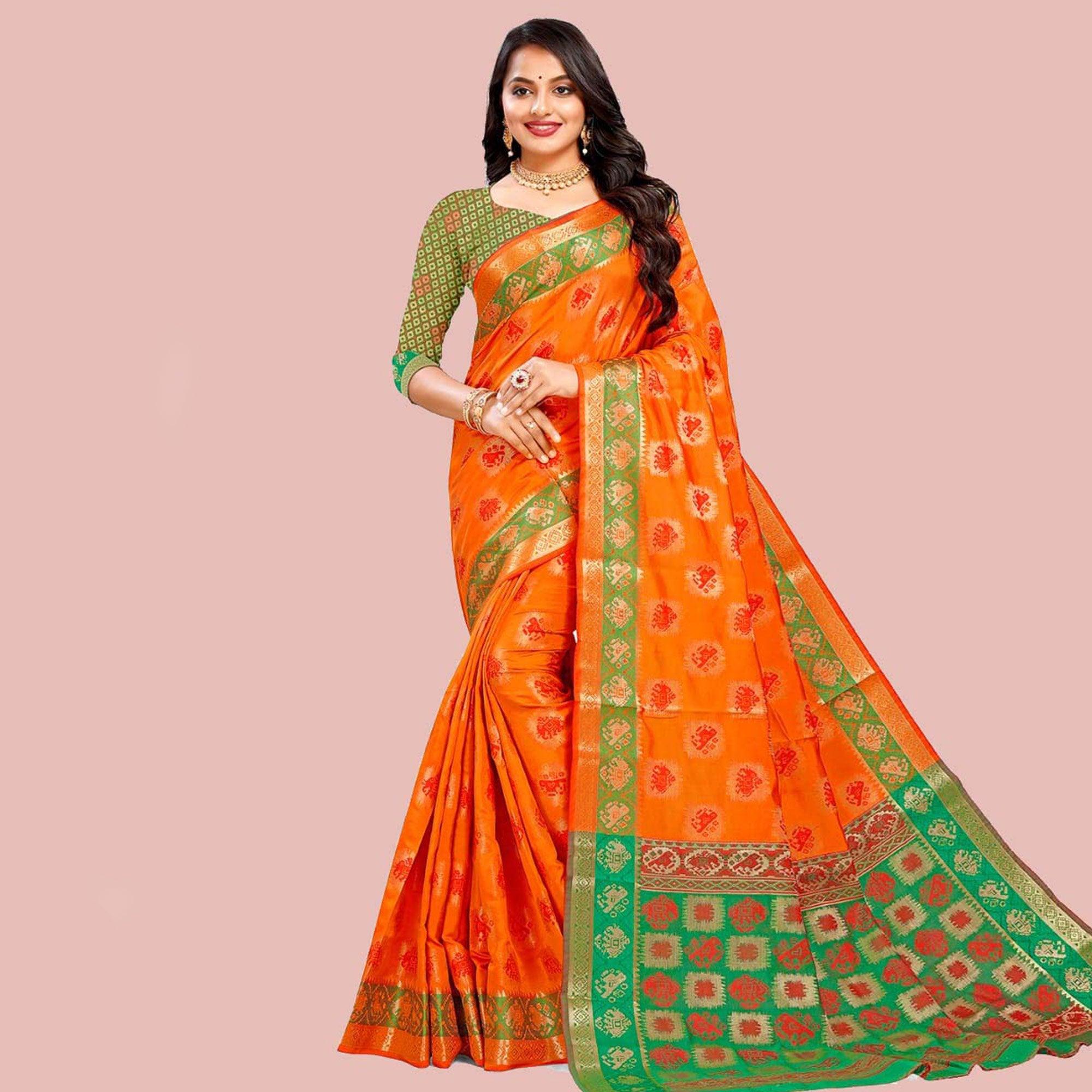 Amazing Orange Colored Festive Wear Woven Cotton Silk Saree - Peachmode