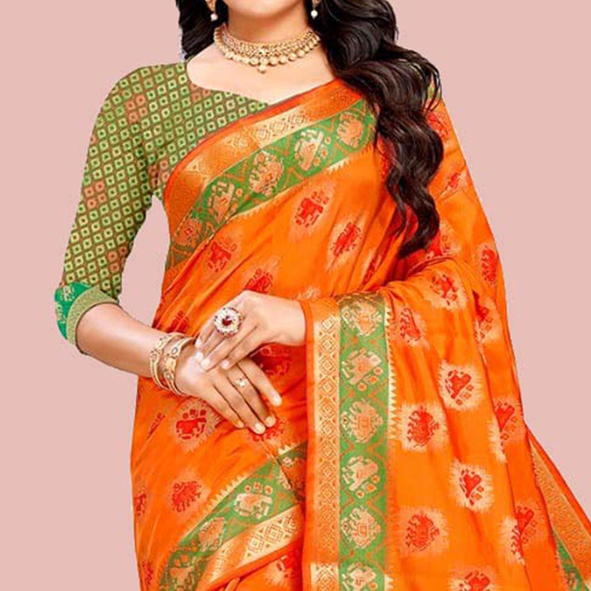 Amazing Orange Colored Festive Wear Woven Cotton Silk Saree - Peachmode