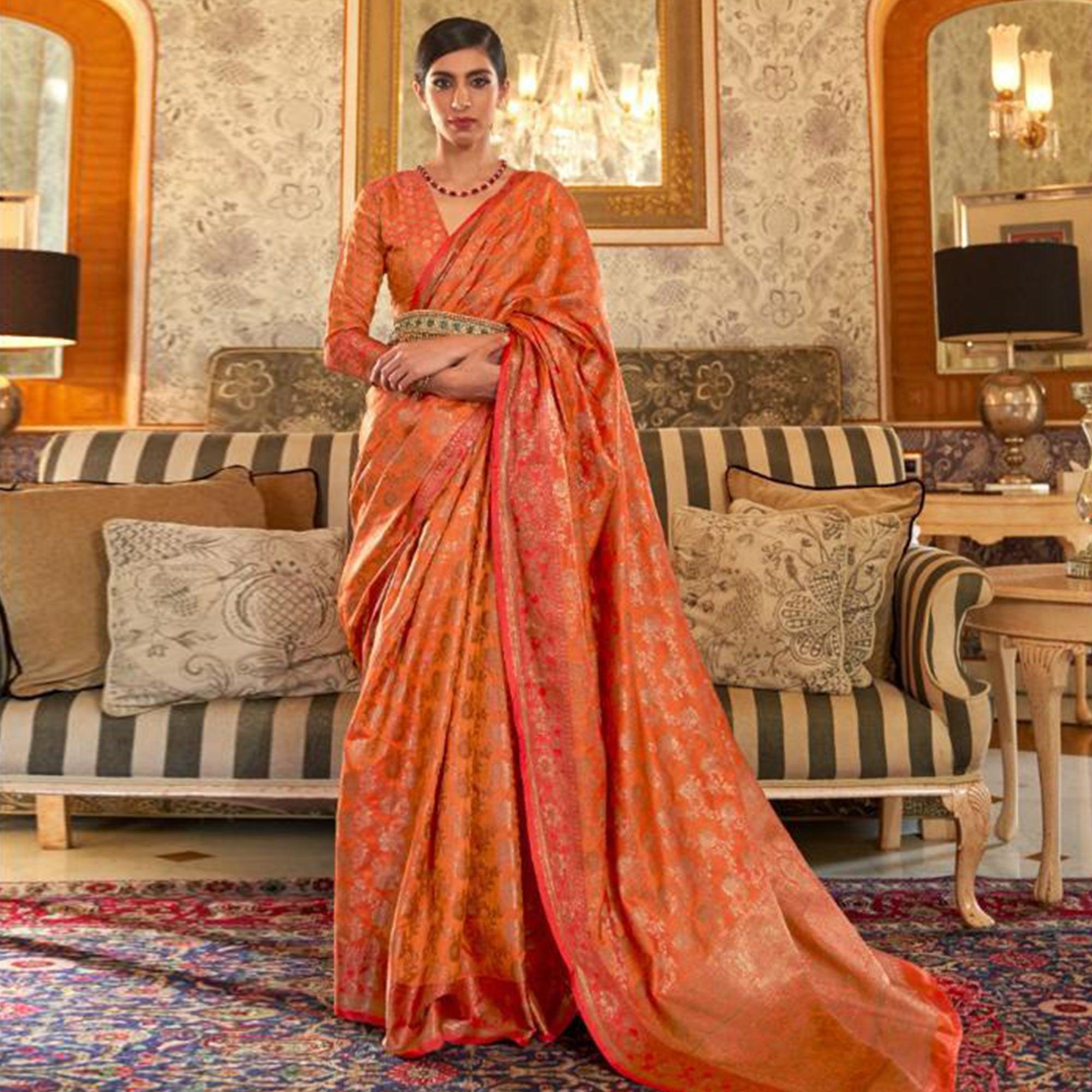 Amazing Orange Colored Festive Wear Woven Silk Saree - Peachmode