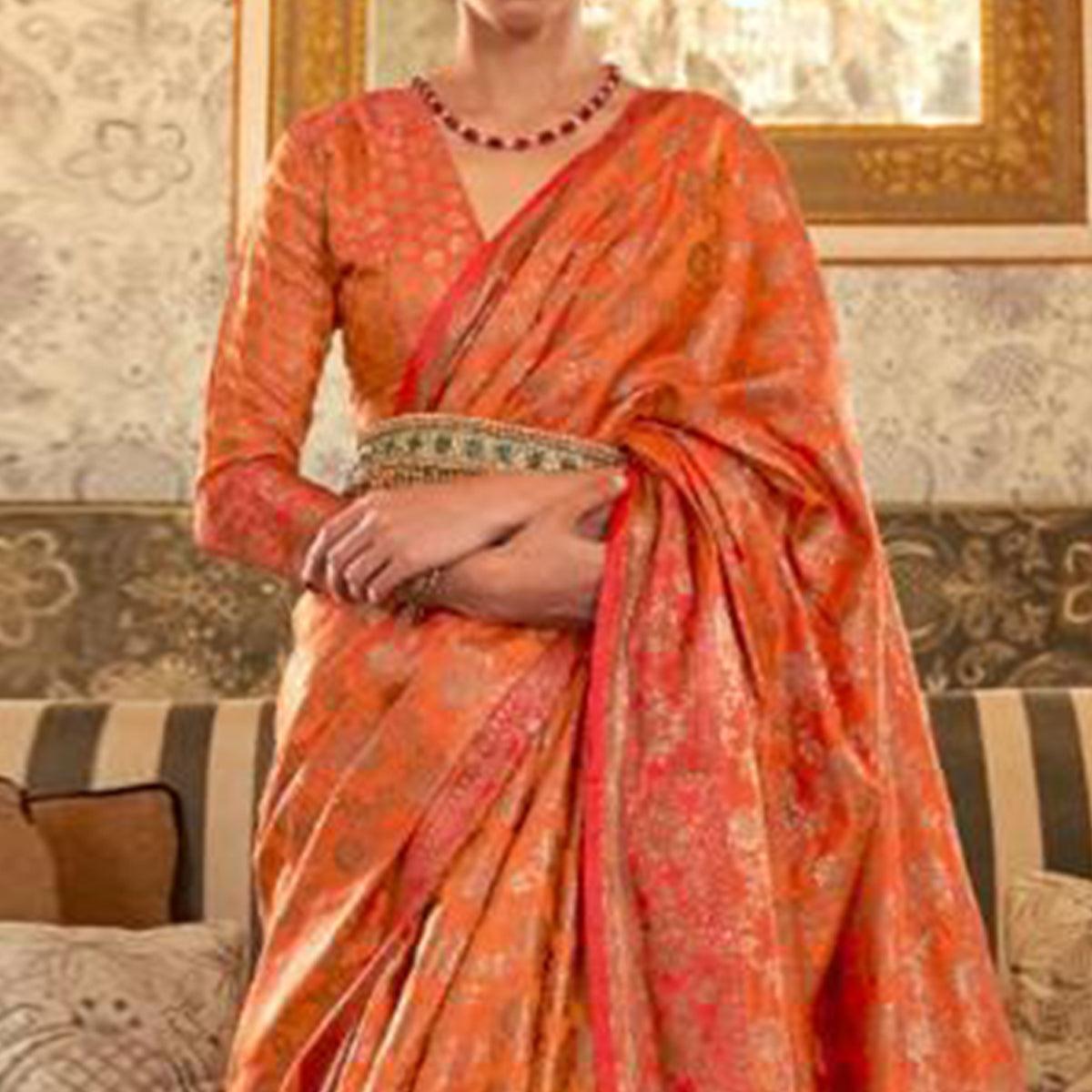 Amazing Orange Colored Festive Wear Woven Silk Saree - Peachmode