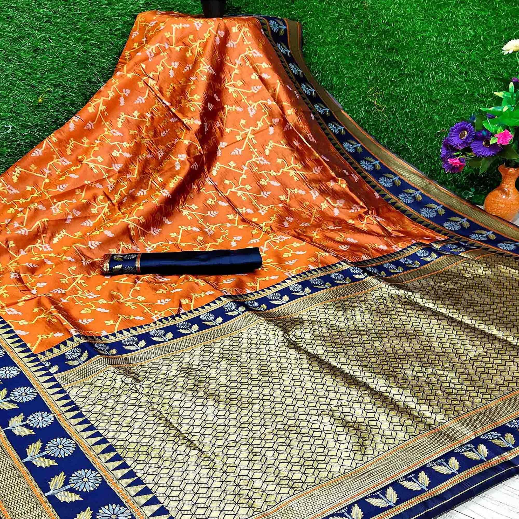 Amazing Orange Colored Festive Wear Woven Soft Silk Saree - Peachmode