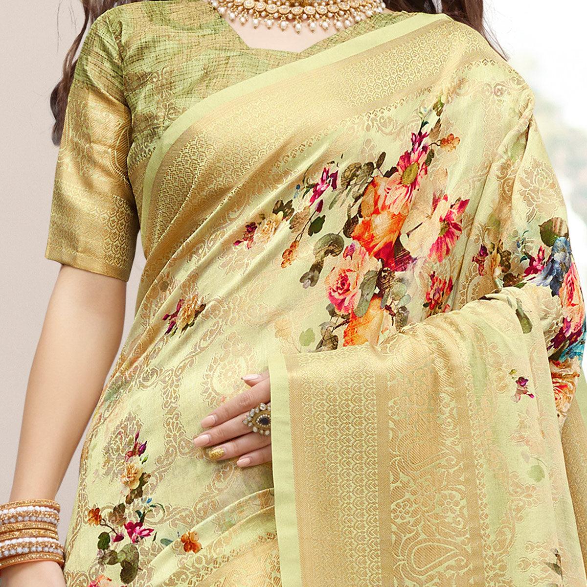 Amazing Pastel Green Colored Partywear Digital Floral Printed Silk Saree - Peachmode
