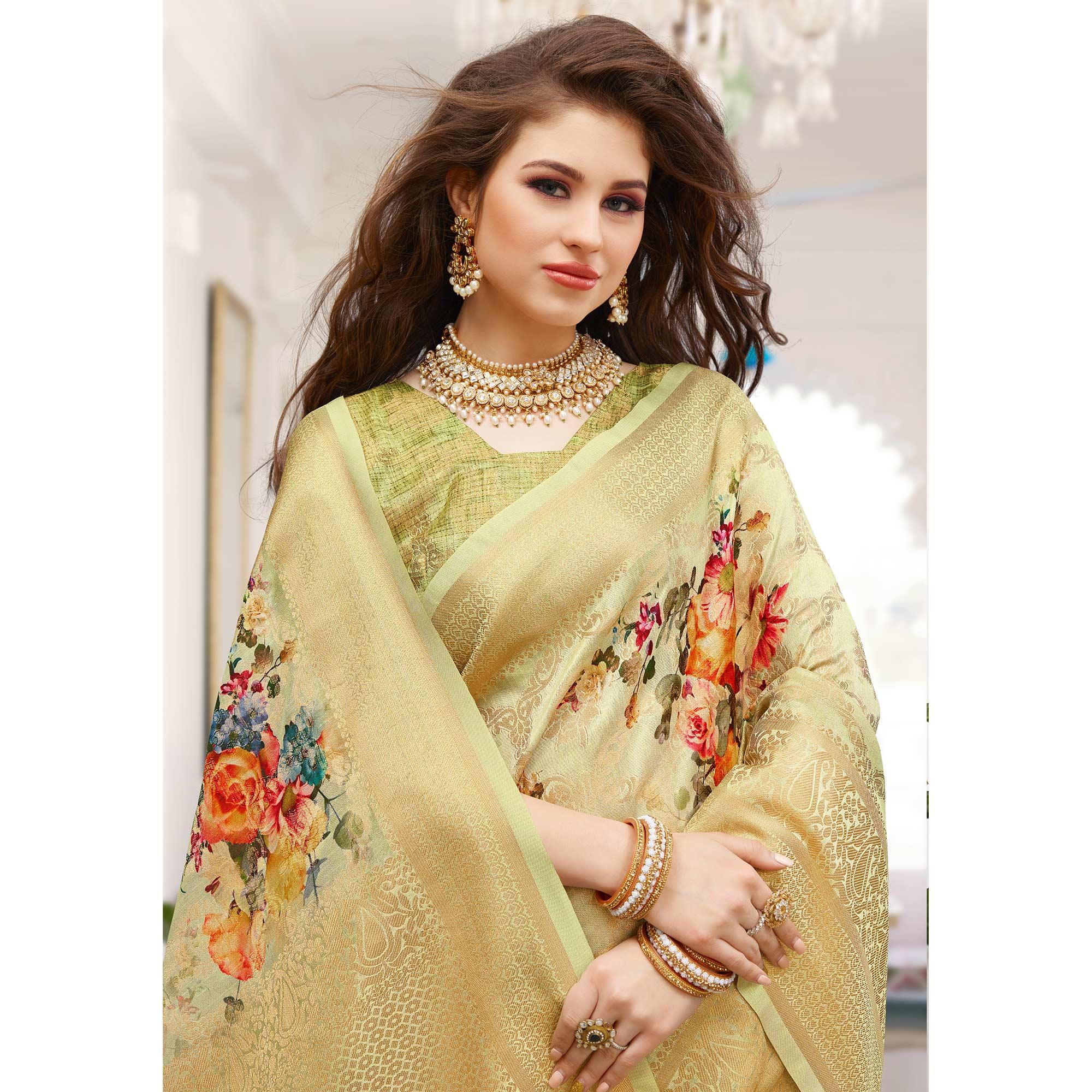Amazing Pastel Green Colored Partywear Digital Floral Printed Silk Saree - Peachmode