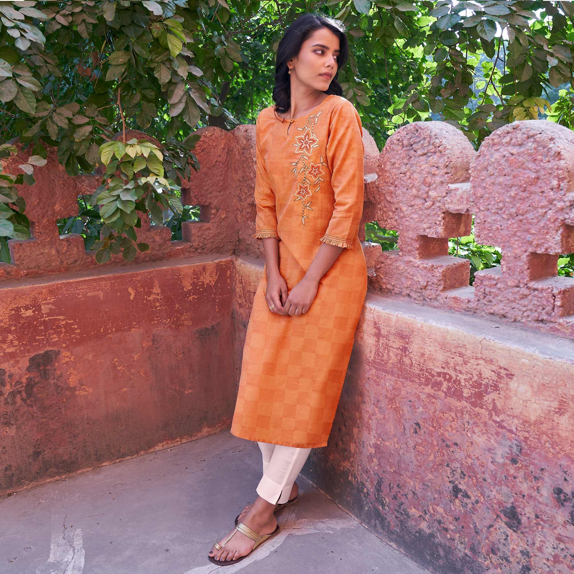 Amazing Peach Colored Casual Wear Embroidered Pure Cotton Kurti - Peachmode