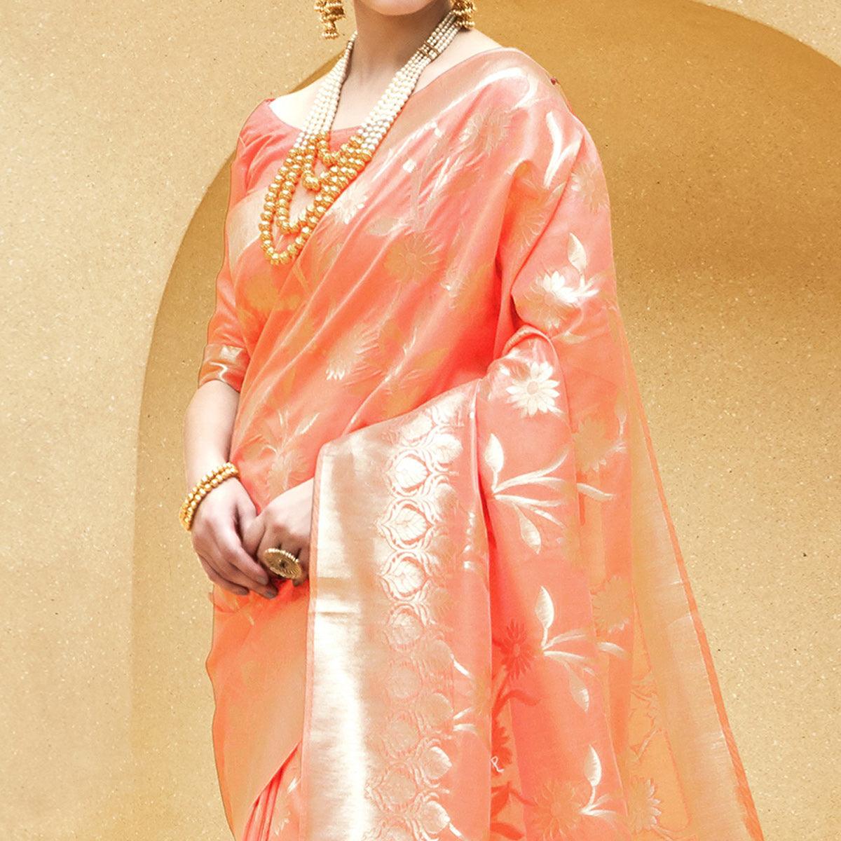 Amazing Peach Colored Festive Wear Printed Silk Saree - Peachmode