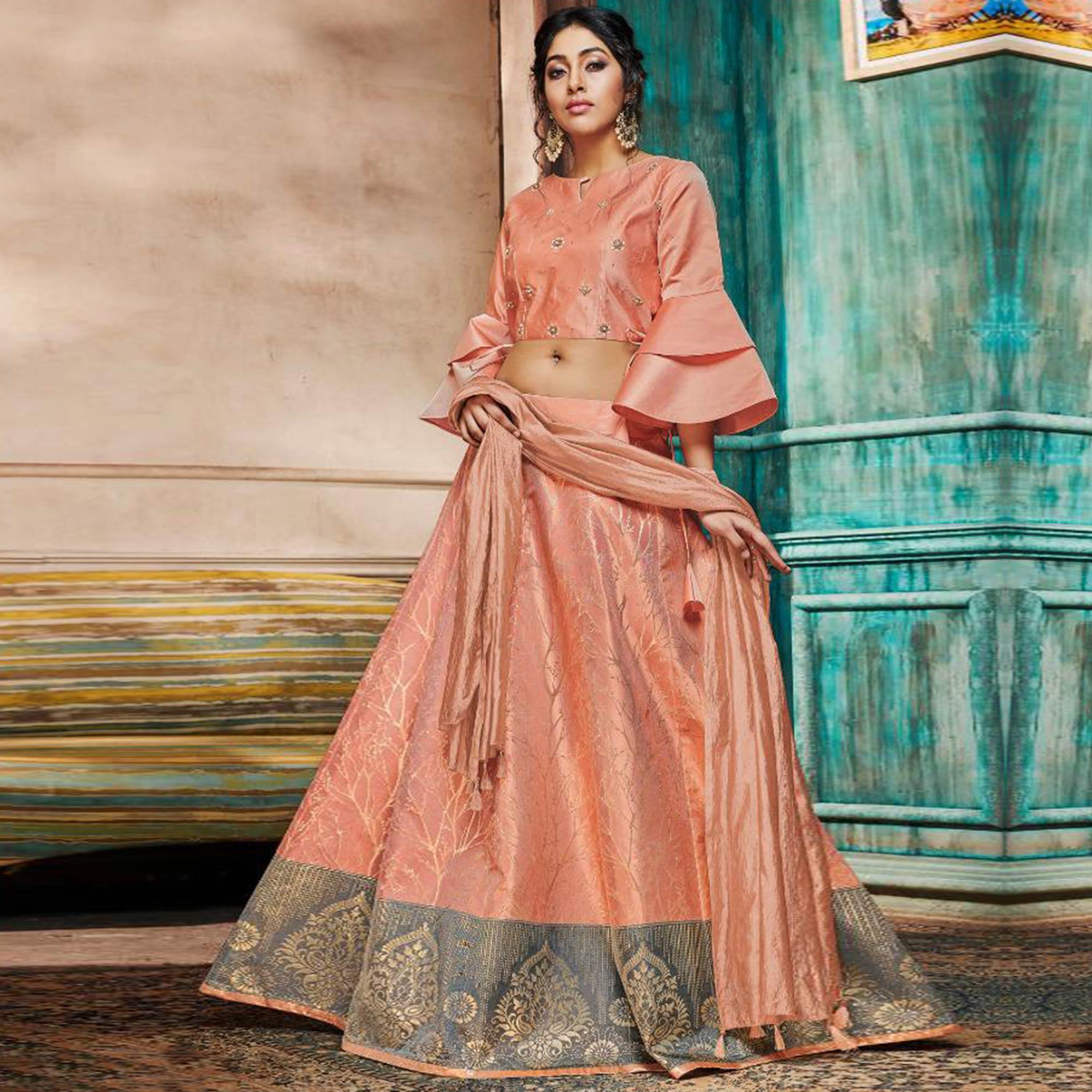 Amazing Peach Colored Partywear Embroidery Banarasi Silk Lehenga Choli - Peachmode
