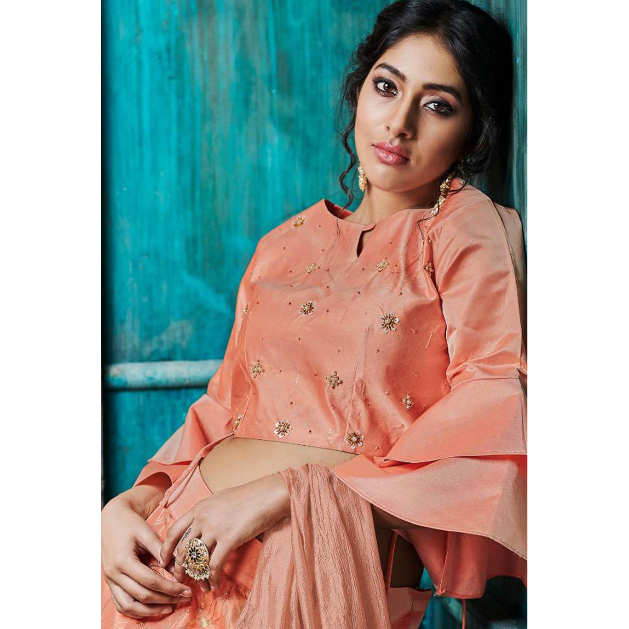 Amazing Peach Colored Partywear Embroidery Banarasi Silk Lehenga Choli - Peachmode