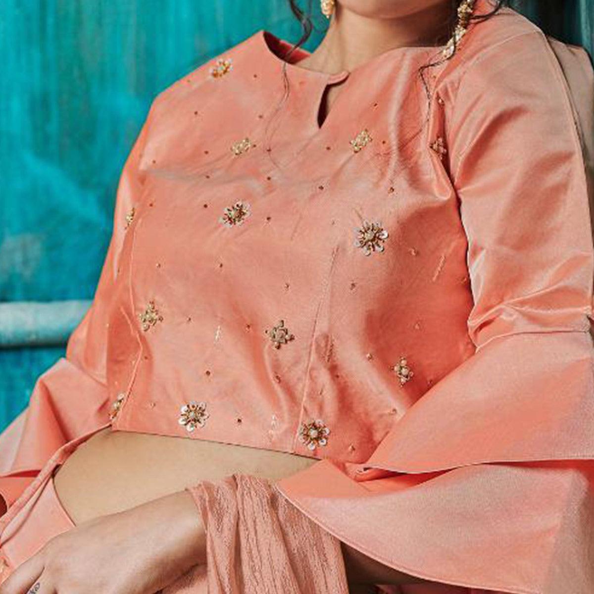 Amazing Peach Colored Partywear Embroidery Banarasi Silk Lehenga Choli - Peachmode