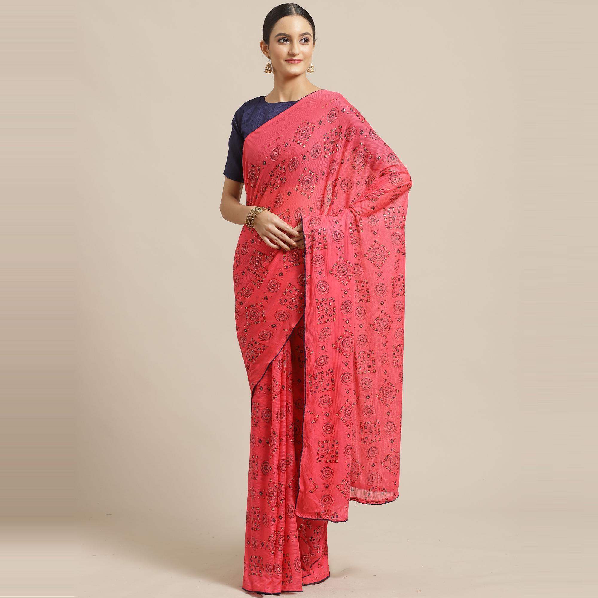 Amazing Pink Colored Casual Wear Printed Chiffon Saree - Peachmode