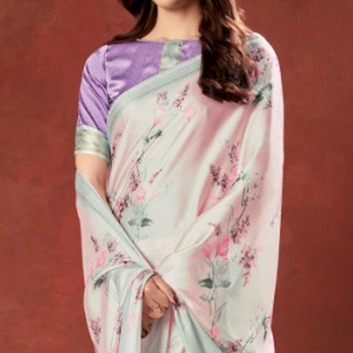 Amazing Pink-Grey Colored Casual Wear Printed Satin Crepe Saree With Tassels - Peachmode