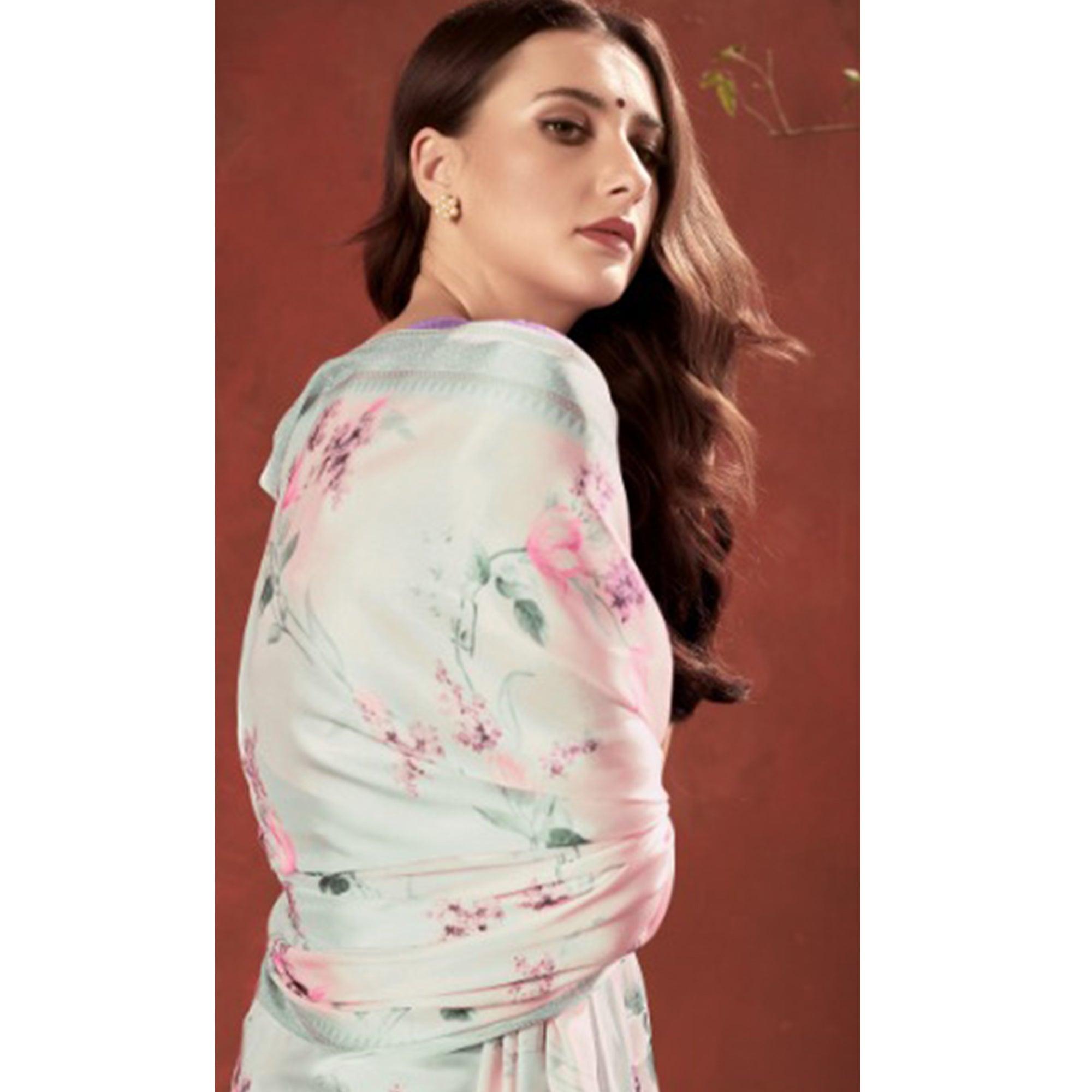 Amazing Pink-Grey Colored Casual Wear Printed Satin Crepe Saree With Tassels - Peachmode