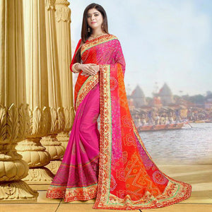Amazing Pink-Red Colored Festive Wear Zari Work Moss Chiffon Half-Half Saree - Peachmode