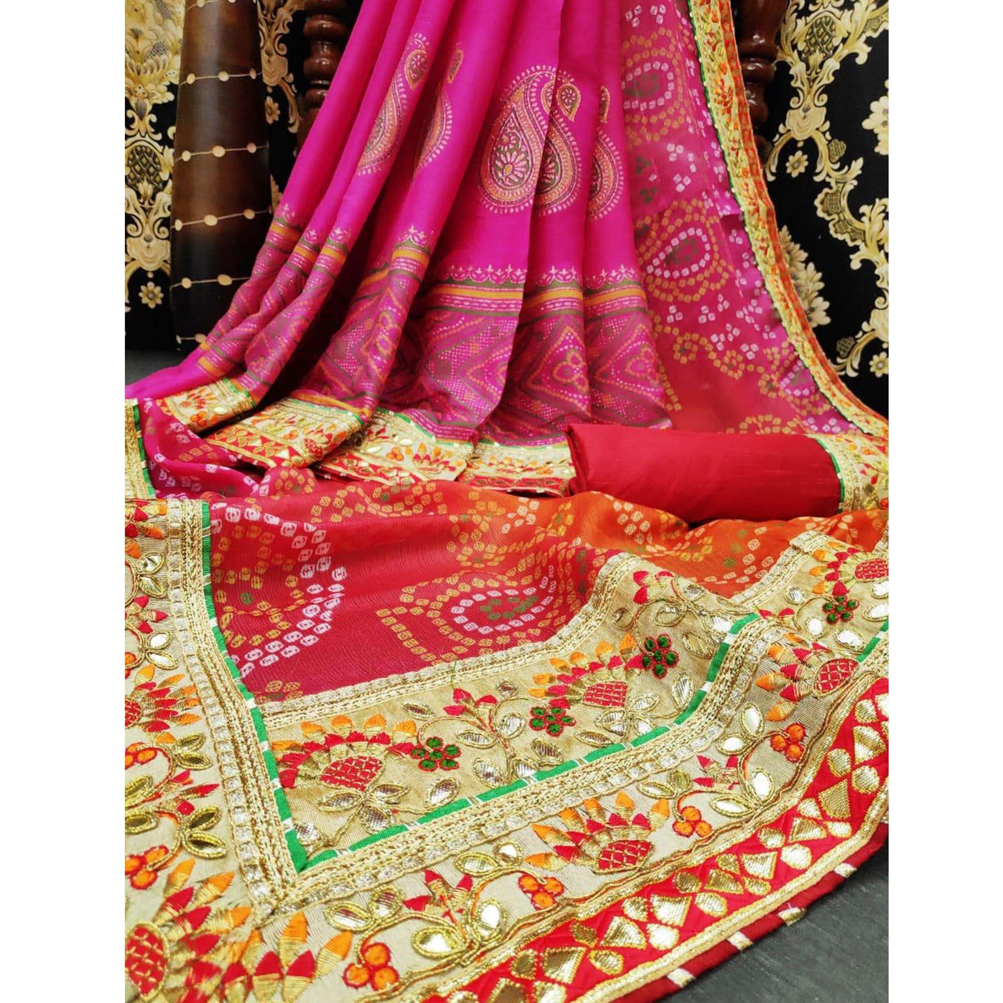 Amazing Pink-Red Colored Festive Wear Zari Work Moss Chiffon Half-Half Saree - Peachmode