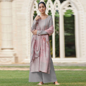 Amazing Pinkish Grey Colored Casual Wear Digital Printed Cotton Satin Palazzo Suit - Peachmode