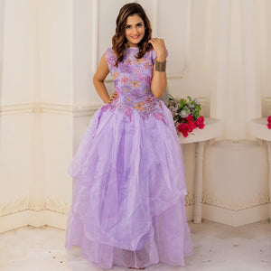 Amazing Purple Colored Party Wear Embroidered Soft Net Anarkali Style Gown - Peachmode