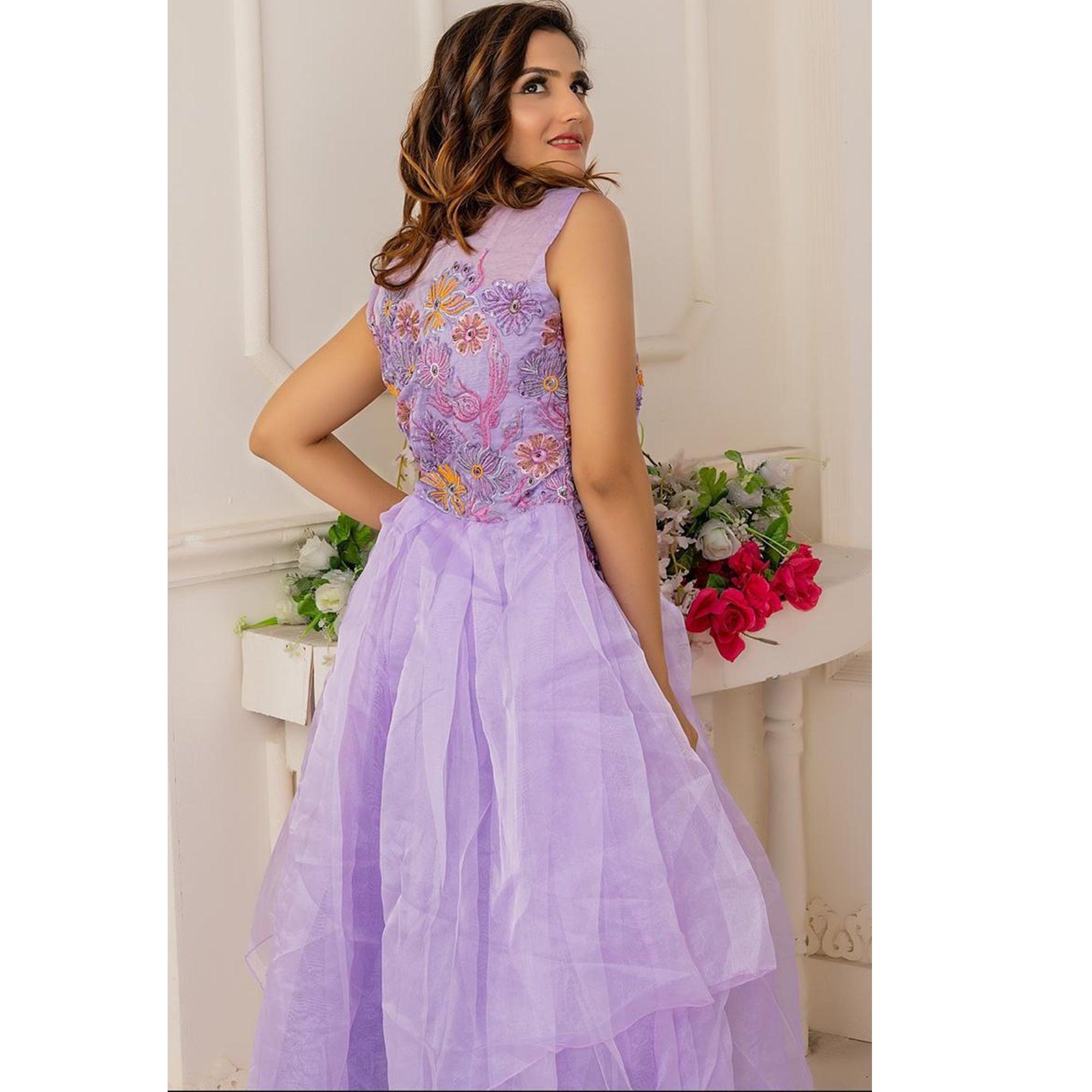 Amazing Purple Colored Party Wear Embroidered Soft Net Anarkali Style Gown - Peachmode