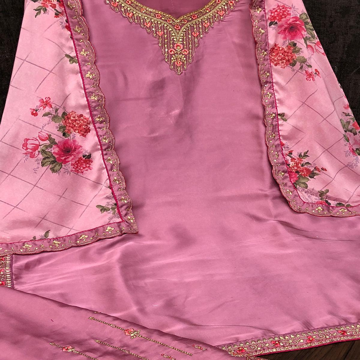 Amazing Purple Colored Partywear Embroidered Muslin Satin Gharara Suit With Palazzo - Peachmode
