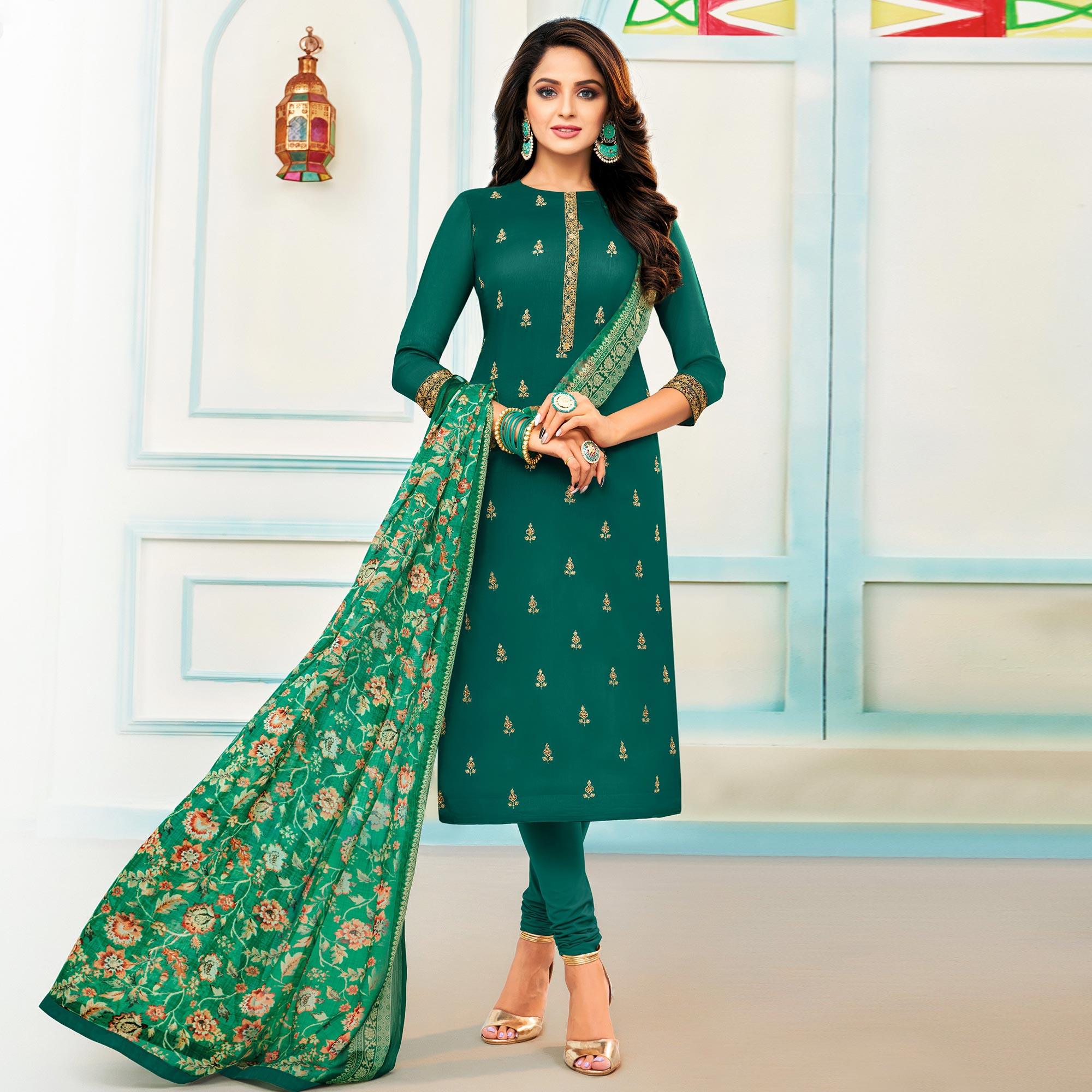 Amazing Rama Green Colored Casual Wear Embroidered Chanderi Dress Material - Peachmode
