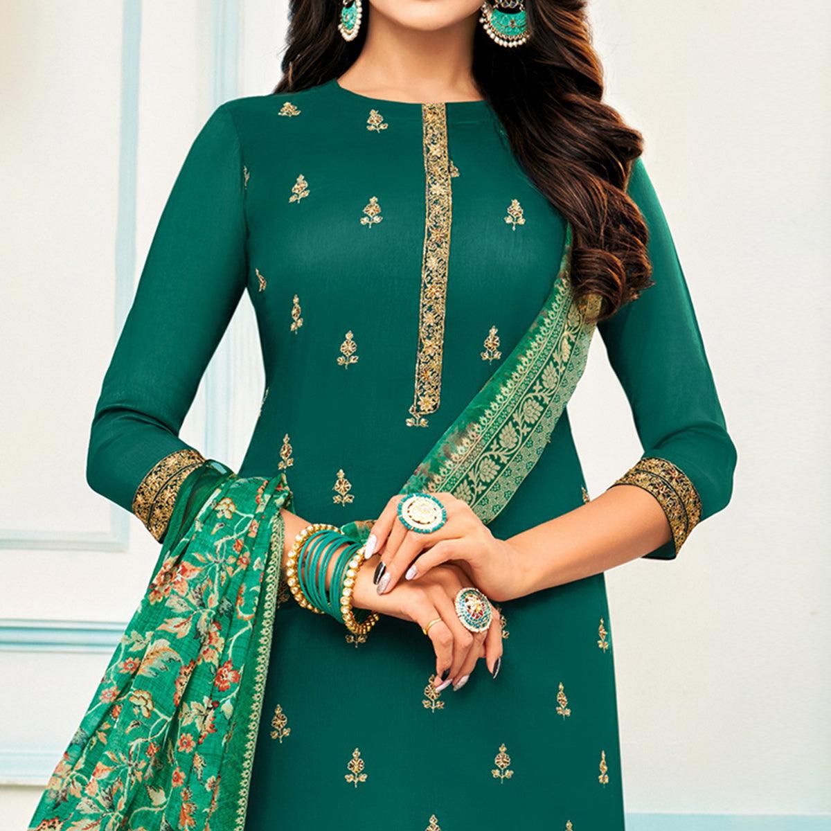 Amazing Rama Green Colored Casual Wear Embroidered Chanderi Dress Material - Peachmode