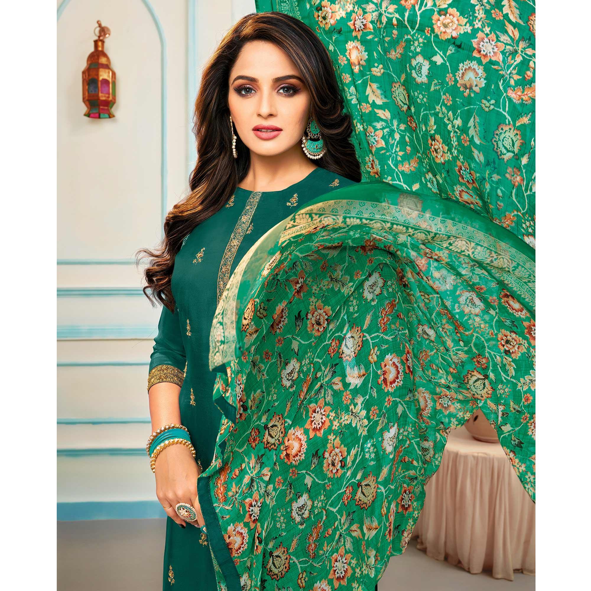 Amazing Rama Green Colored Casual Wear Embroidered Chanderi Dress Material - Peachmode