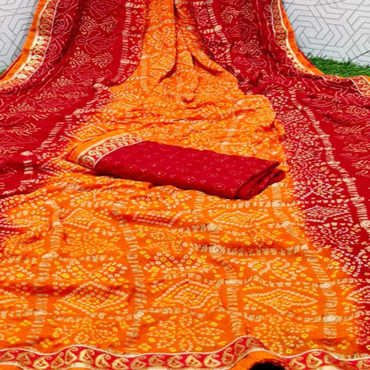 Amazing Red & Mustard Coloured Casual Wear Printed Moss Georgette Saree - Peachmode