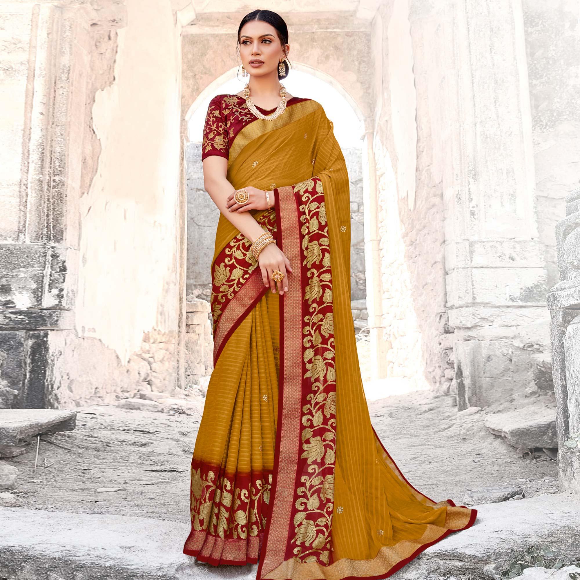 Amazing Red & Mustard Coloured Partywear Embroidered Chiffon Saree - Peachmode