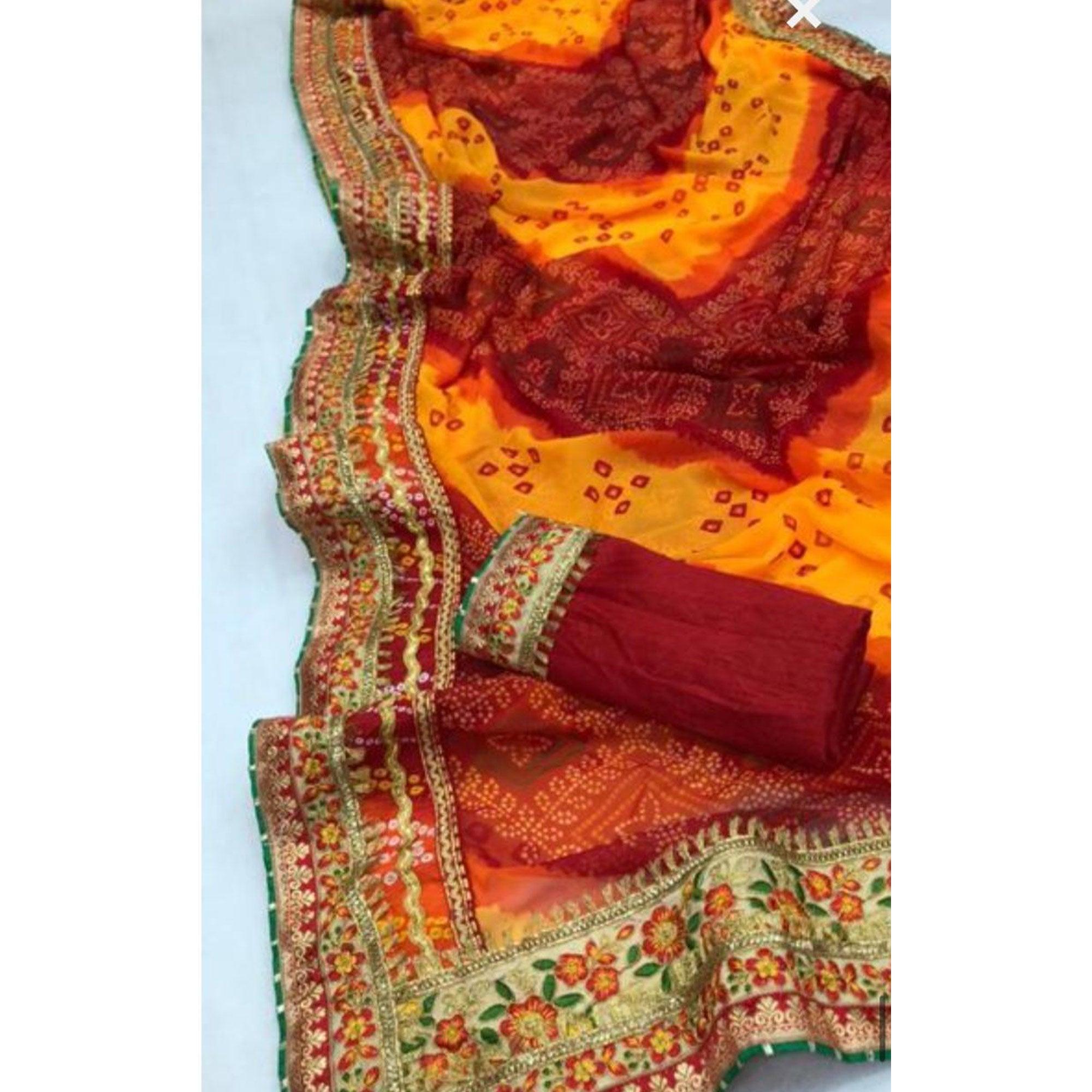 Amazing Red and Yellow Colored Festive Wear Bandhani Print With Zari Border Work And Latkan Heavy Georgette Saree - Peachmode