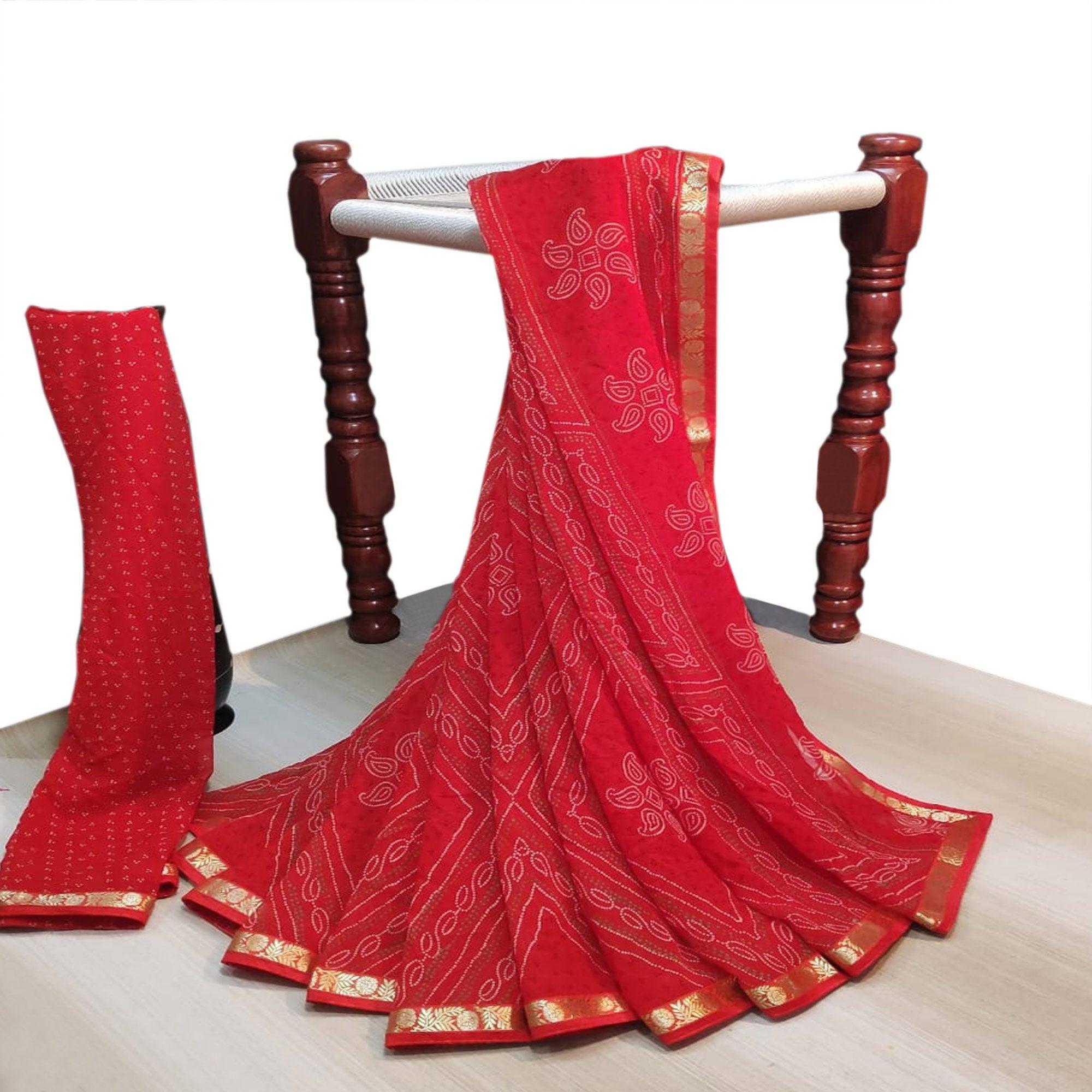Amazing Red Colored Casual Wear Bandhani Printed Georgette Saree - Peachmode