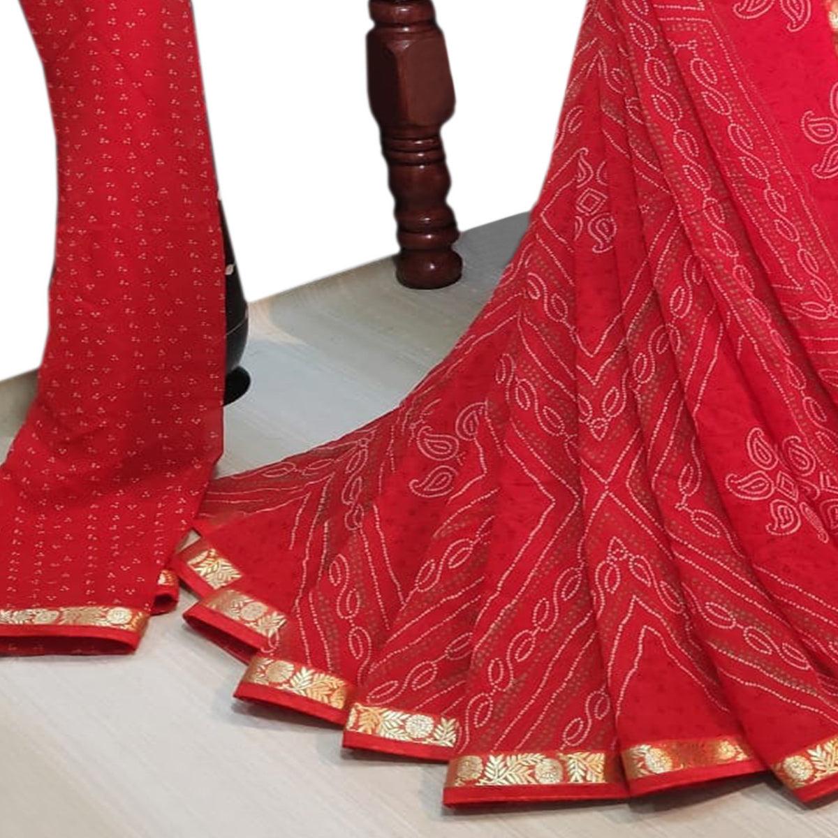 Amazing Red Colored Casual Wear Bandhani Printed Georgette Saree - Peachmode