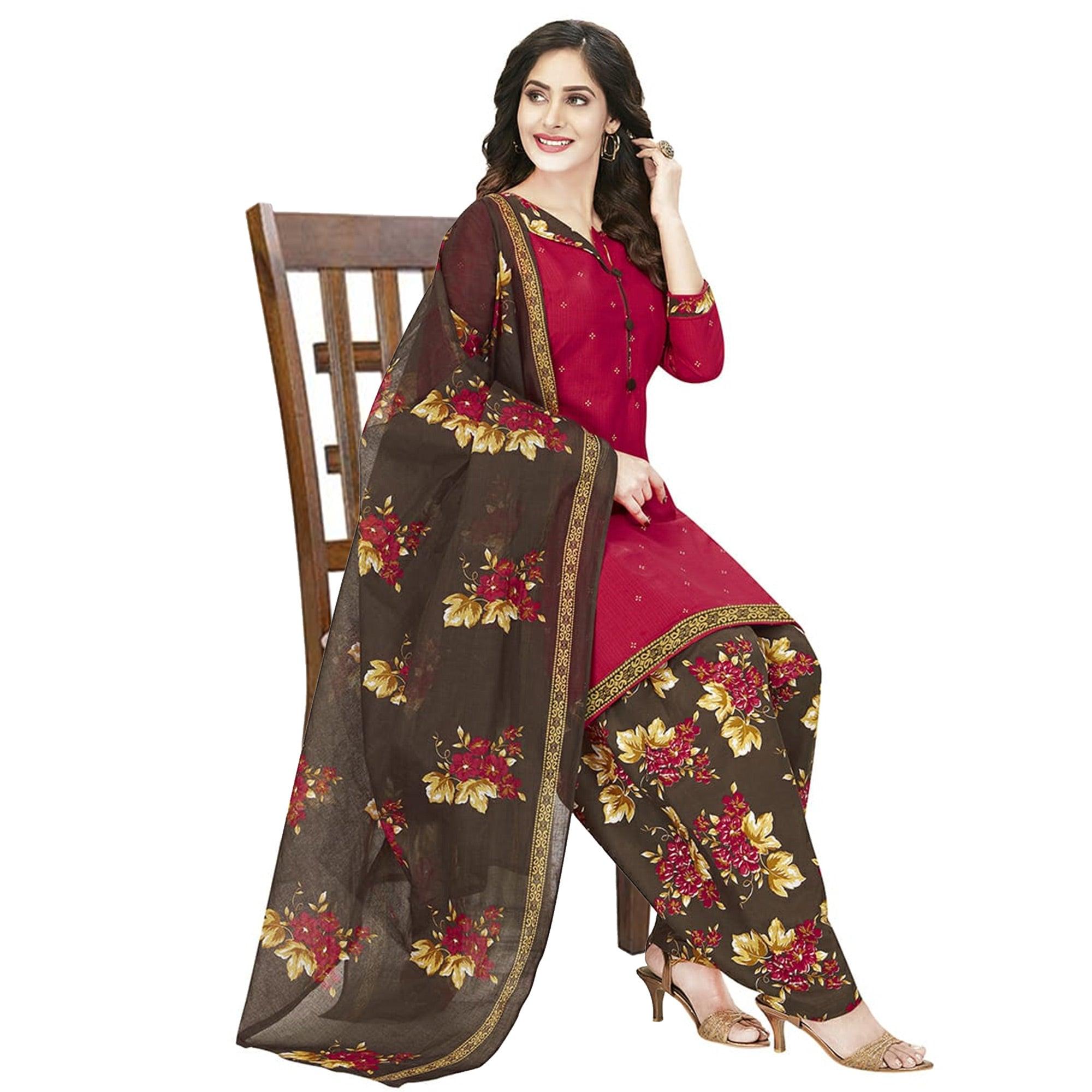 Amazing Red Colored Casual Wear Printed Crepe Patiala Dress Material - Peachmode