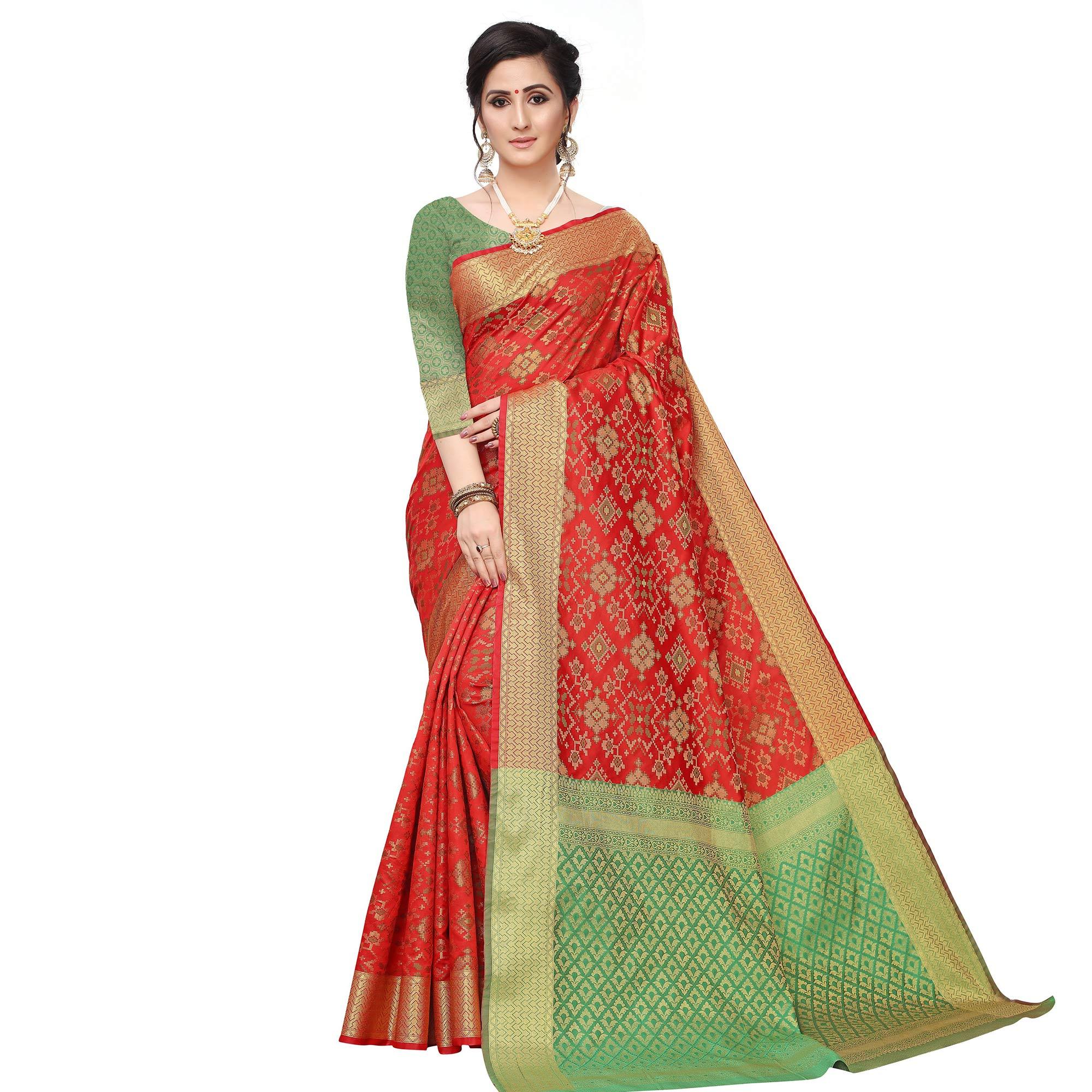 Amazing Red Colored Festive Wear Woven Kanjivaram Silk Saree - Peachmode