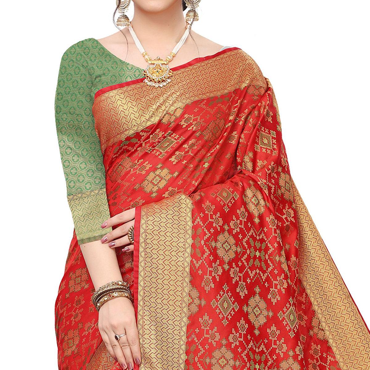 Amazing Red Colored Festive Wear Woven Kanjivaram Silk Saree - Peachmode