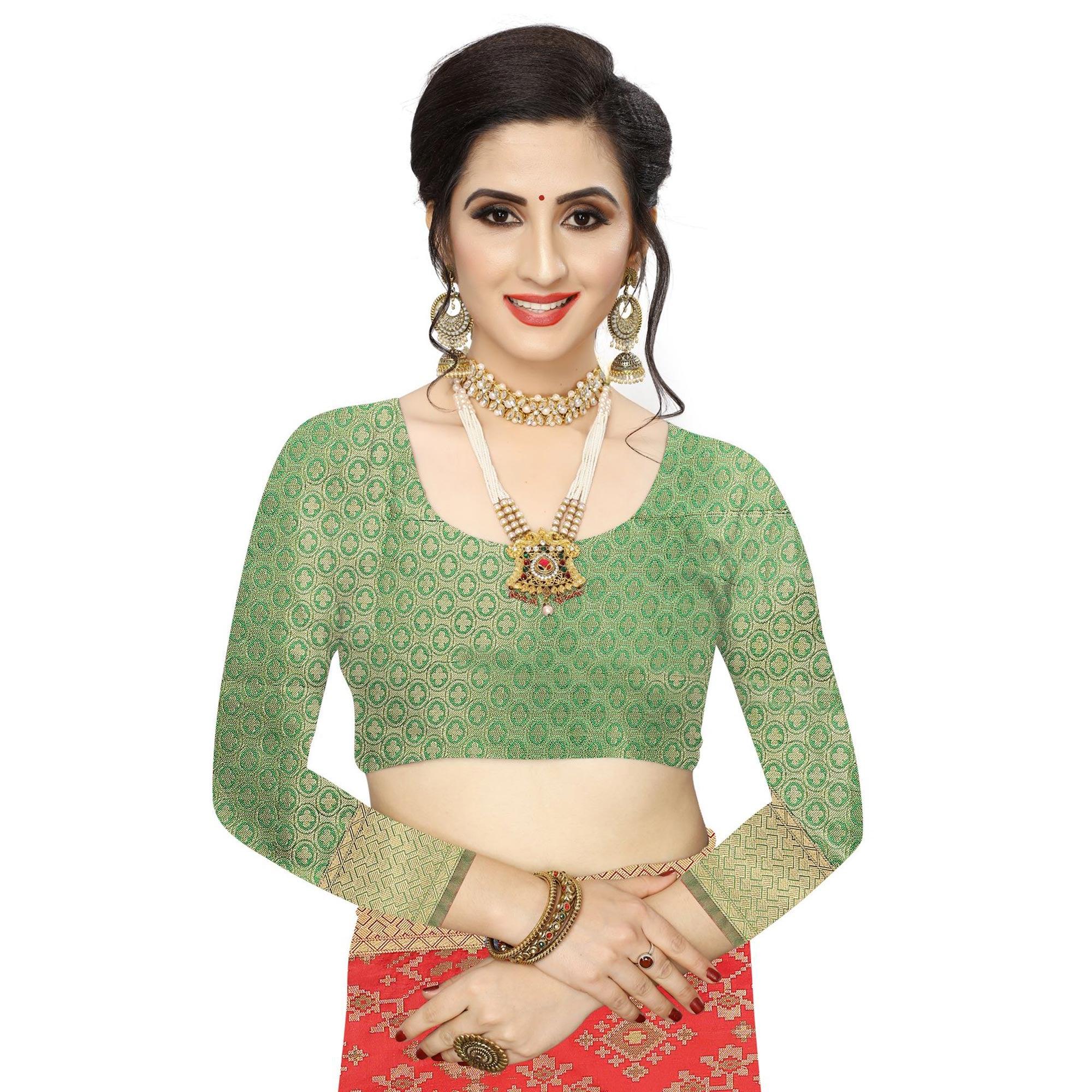 Amazing Red Colored Festive Wear Woven Kanjivaram Silk Saree - Peachmode