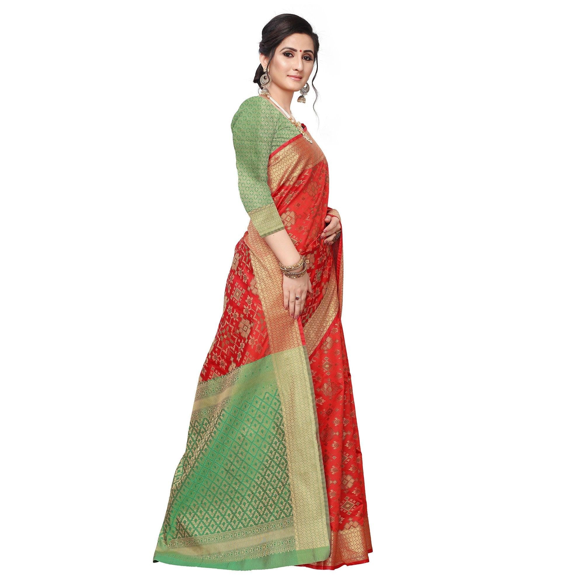 Amazing Red Colored Festive Wear Woven Kanjivaram Silk Saree - Peachmode