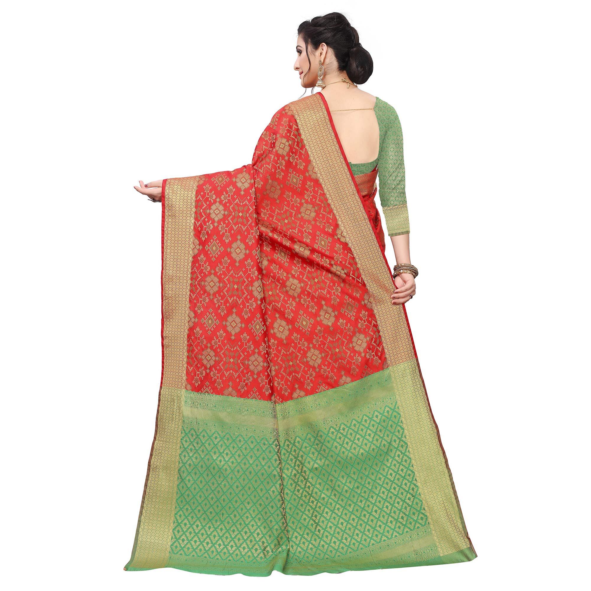 Amazing Red Colored Festive Wear Woven Kanjivaram Silk Saree - Peachmode