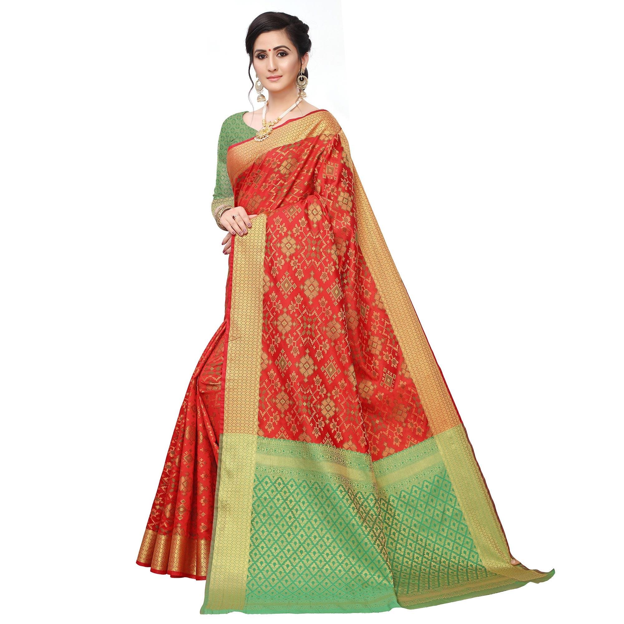 Amazing Red Colored Festive Wear Woven Kanjivaram Silk Saree - Peachmode