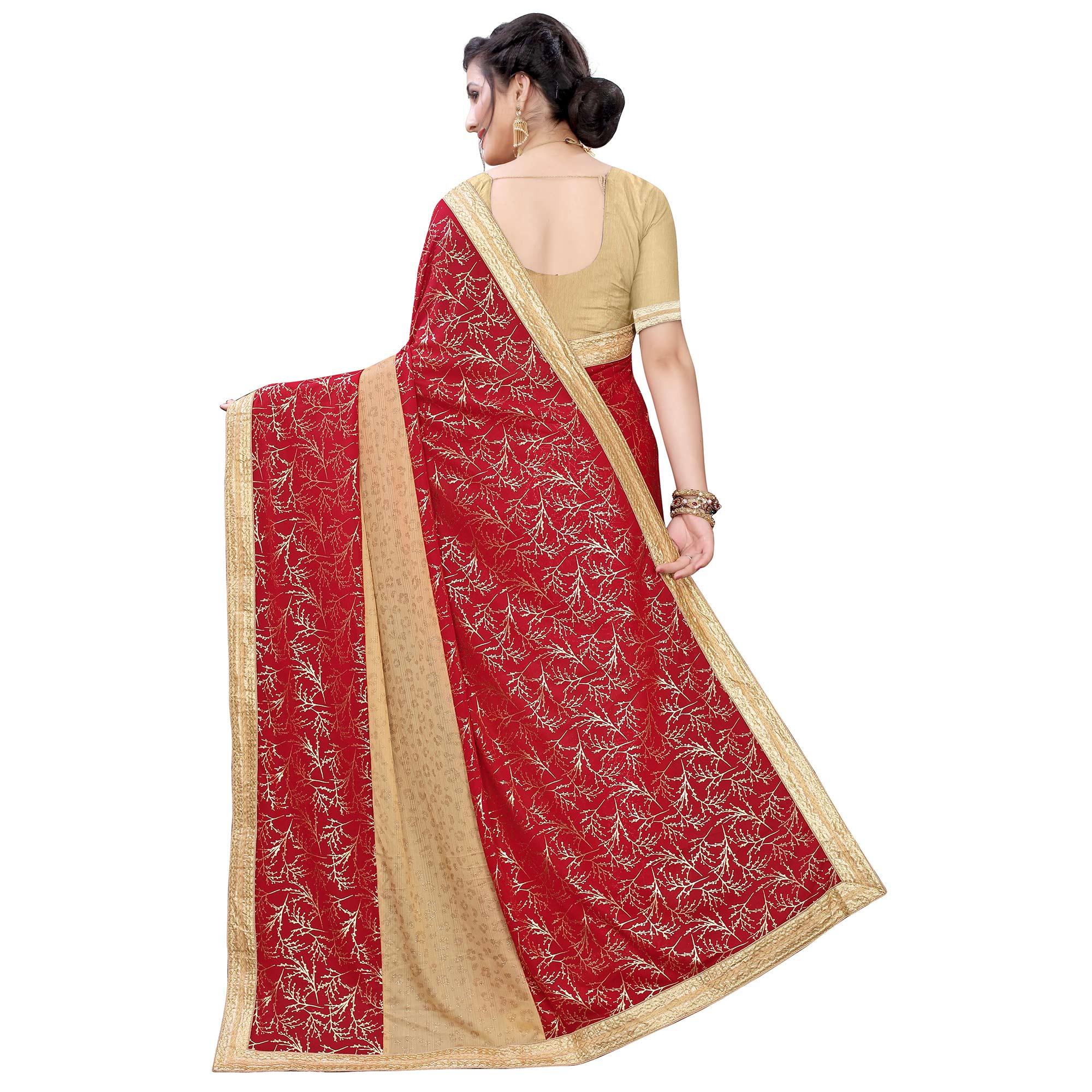 Amazing Red Colored Party Wear Foil Printed Art Silk Saree - Peachmode
