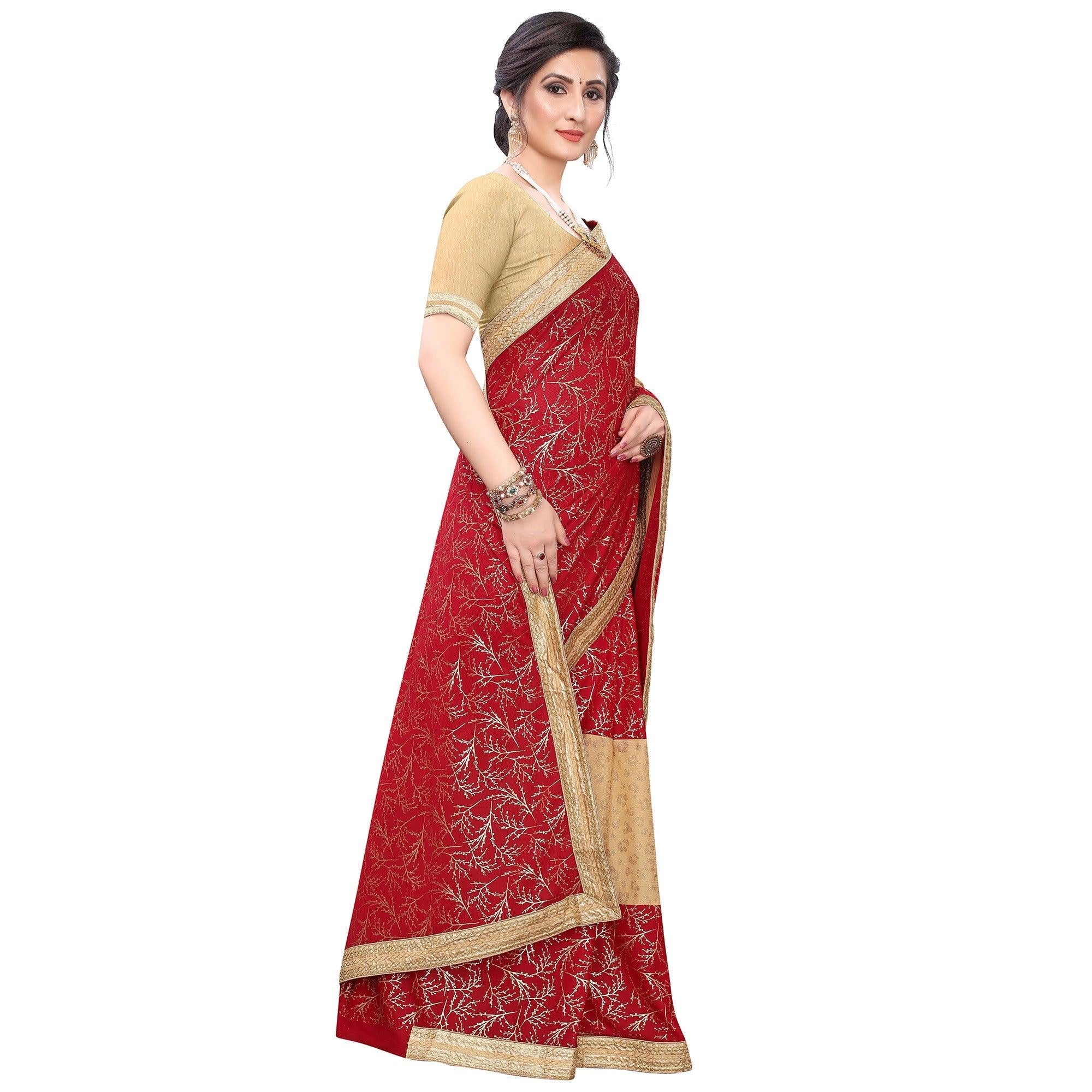 Amazing Red Colored Party Wear Foil Printed Art Silk Saree - Peachmode