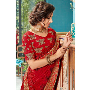 Amazing Red Colored Partywear Embroidered Georgette Saree - Peachmode