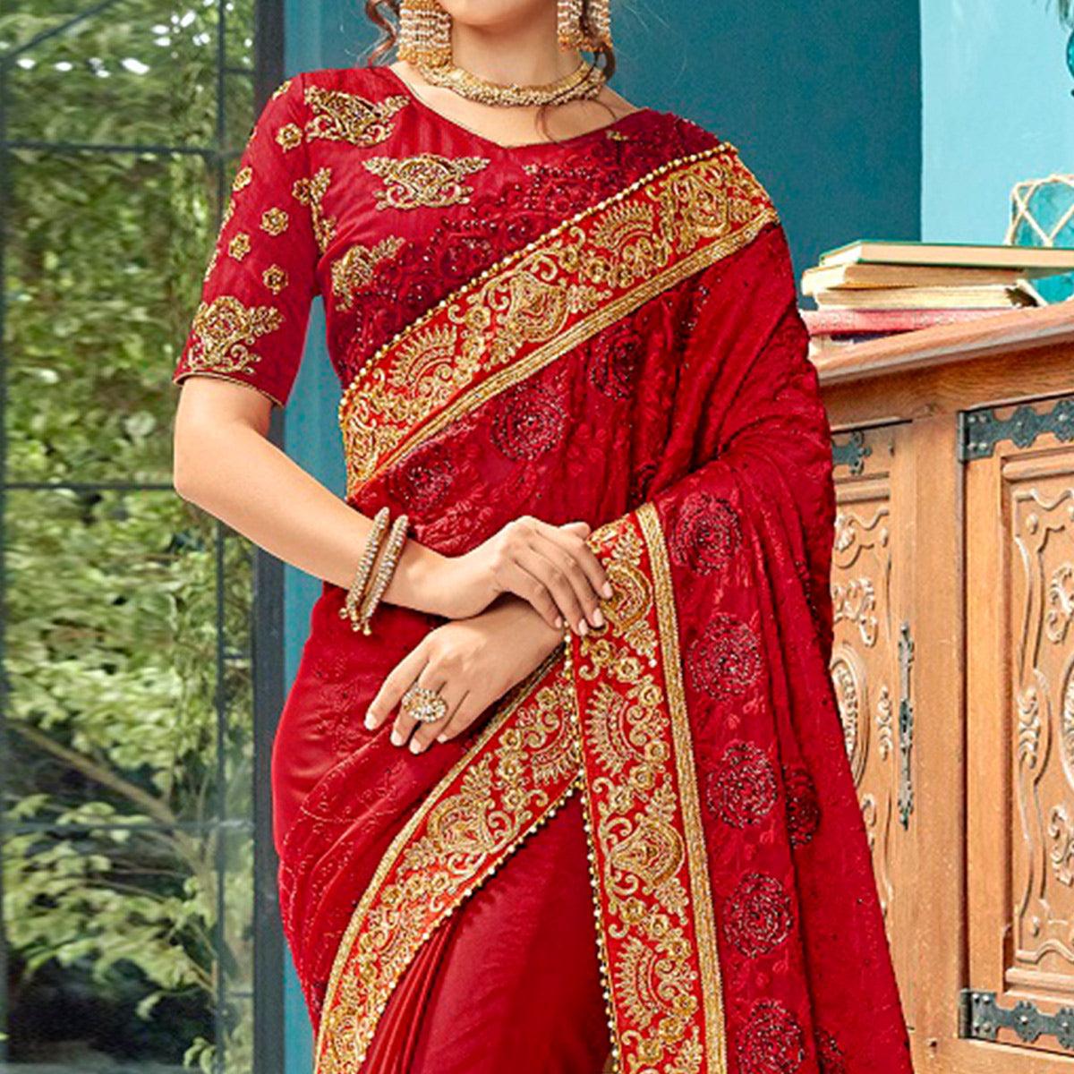 Amazing Red Colored Partywear Embroidered Georgette Saree - Peachmode