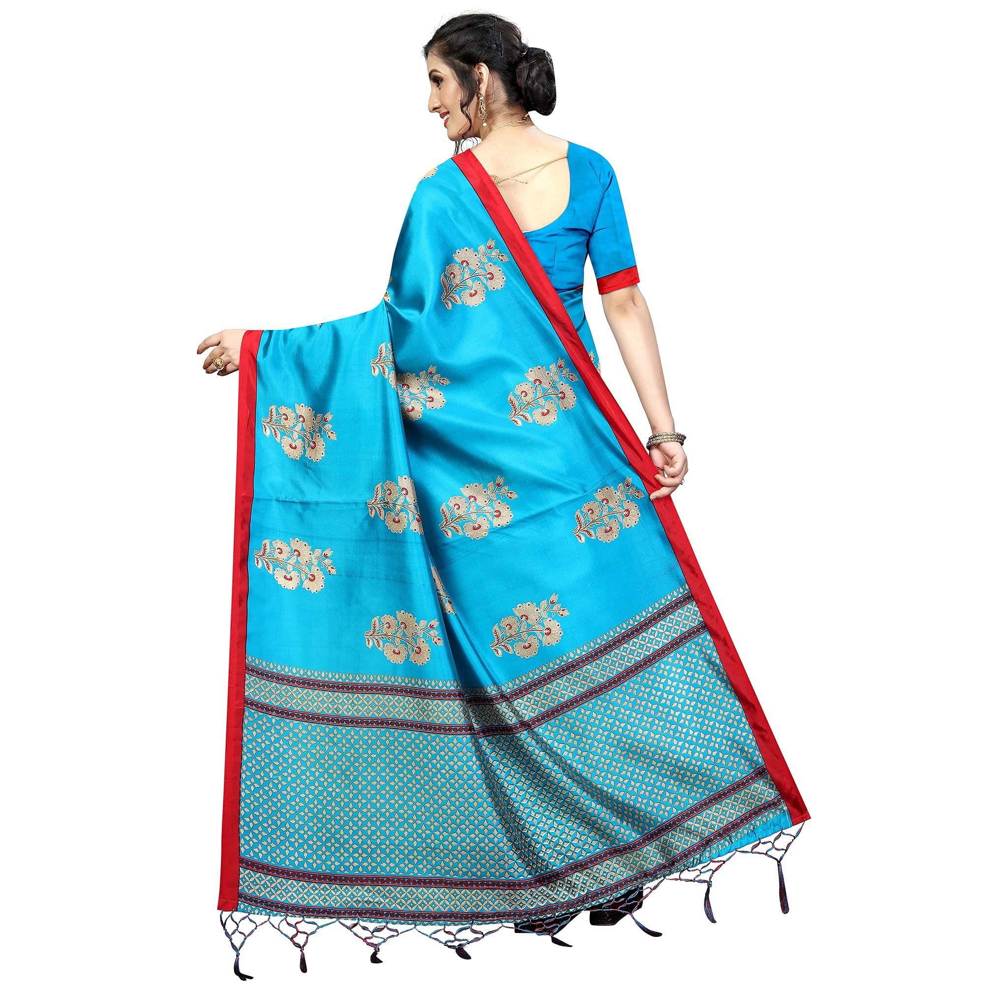 Amazing Sky Blue Colored Festive Wear Banarasi Art Silk Saree - Peachmode